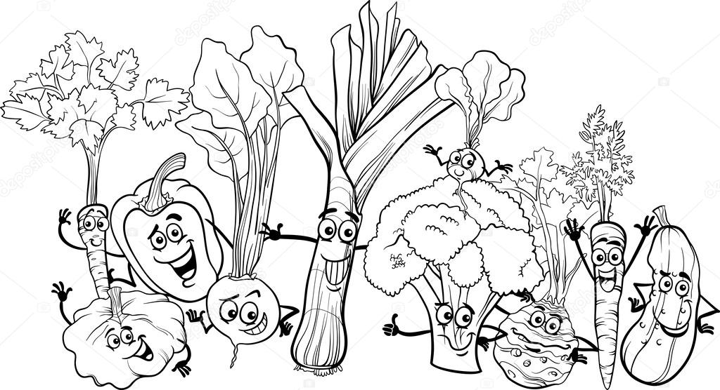 Vegetais de desenhos animados para colorir livro imagem vetorial